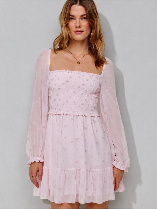 Aritzia Dresses & Skirts - Aritzia WILFRED Tempest Embroidered Mochi Pink Mini Dress Size M